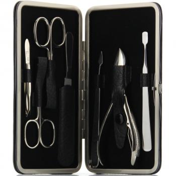 Set de Manicura ERBE, 7 Piezas, Estuche de Cuero Negro con Herramientas de Acero Premium Solingen