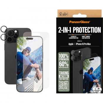 Protector de Pantalla 2-en-1 PanzerGlass para iPhone 16 Pro Max con Cristal y Protector de Lente, Transparente