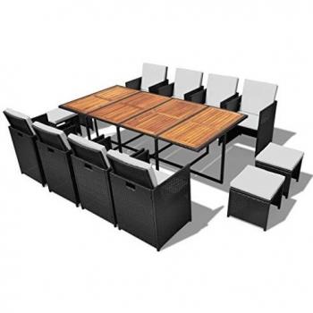 13-Piece Black Poly Rattan and Acacia Wood Outdoor Dining Set