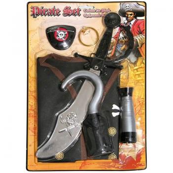 Kit de Accesorios Piratas: Cuchillo, parche, pendiente, garfio, chaleco y catalejo