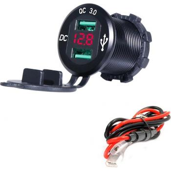Cargador Rápido Impermeable 12V/24V QC3.0 con Doble USB y Voltmeter, Cable de 60cm y Fusible de 10A para Coche, Barco, Motocic