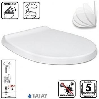 TATAY Tapa WC Universal Óptima, de Termoplastico, Forma Ovalada, Caída Amortiguada, Extraible, Antibacteriano, Fácil Instalación, Blanco, Medidas 47 x 36 cm