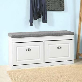 Banco zapatero SoBuy FSR64-W con flip-cajón y colchón, dimensiones L104 x P24 x H52 cm, color blanco, incluye 2 cajones para almacenamiento