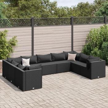 9-Piece Black Poly Rattan Garden Lounge Set with Cushions
