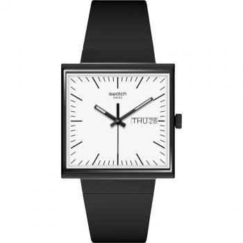 Swatch Reloj WHAT IF BLACK? - Correa color negro de material de origen biológico, Tamaño Perfecto, Hecho en Suiza, Diseño Moderno y Sofisticado, Mecanismo de Alta Precisión
