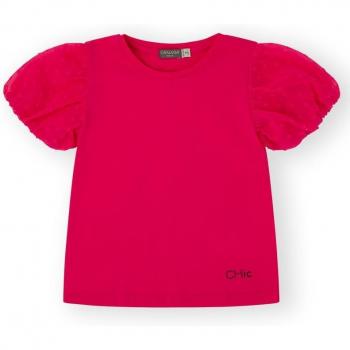 Blusa de niña lisa con manga abullonada en plumeti