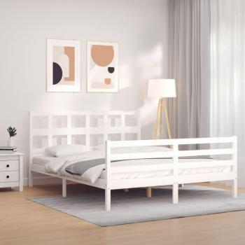 Estructura de cama matrimonio King Size con cabecero de madera maciza blanca 150x200 cm