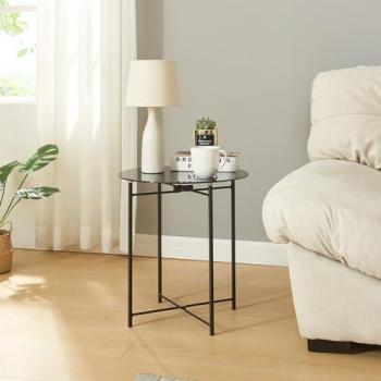 Mesa Auxiliar Ödeshög Elegante con Tablero Circular de Cristal Templado 45xØ42cm - Acero Negro