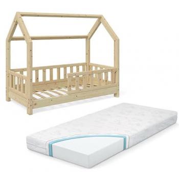 Cama en Forma de Casa Wiki, Madera Natural Marrón, 70x140 cm con Colchón Vitalispa