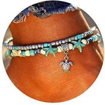 LucBuy Boho Tobilleras, Azul Estrella de Mar Tortuga de múltiples Capas del Encanto de los Granos Playa Hecha a Mano Tobilleras Joyería del pie Regalos para Mujeres niñas