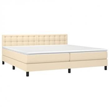 Cama box spring con colchón y luces LED, tela crema, 200x200 cm