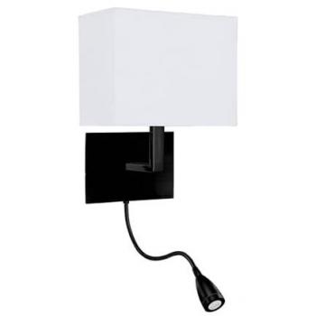 Aplique de pared Hotel negro mate con pantalla de tela blanca y luz de lectura, 1 luz E27, acero contemporáneo - Searchlight