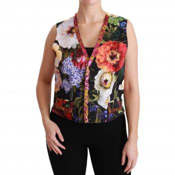 Dolce & Gabbana Multicolor Floral Sleeveless Waistcoat Top Vest - IT40|S, Luxury Floral Brocade Sleeveless Top Vest, Female, Black, Size: XS