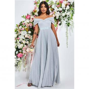 Goddiva Bardot Pleated Skirt Wedding Dress - Silver Satin - Size 8 UK