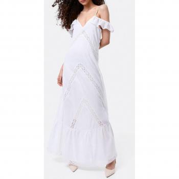 Vestido largo blanco de mujer con encaje y popelín estilo Ibiza