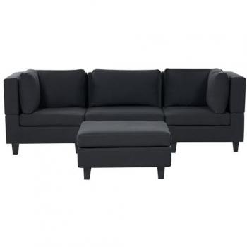 Sofá Modular 3 Plazas con Otomana en Tela Negra y Respaldo Acolchado