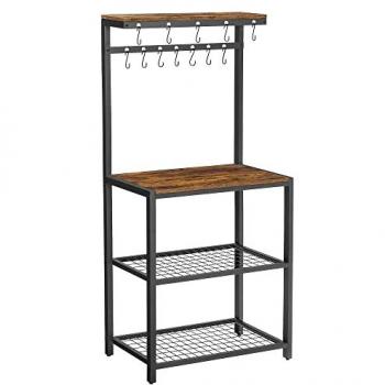 Estantería de Cocina VASAGLE con Estantes de Rejilla para Microondas y Almacenamiento, 12 Ganchos, Dimensiones 60x40x151,5 cm, Diseño Industrial Rústico Marrón y