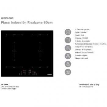 Placa de Inducción Hyundai 59cm HIFZ4600, 4 Zonas, Doble Flexizone, Cristal Negro Táctil