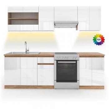 Mueble de cocina Raul, Blanco/Sonoma, 240 cm con tira LED
