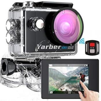 Yarber Cámara Deportiva 4K/30fps Wi-Fi, AR02 Cámara de Accion Pantalla Táctil Videocámaras 20MP Ultra HD EIS Anti-Vibración Cámara Acción Impermeable con Slow Motion, Control Remoto, 2X Baterías