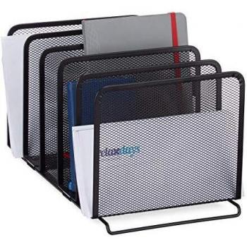 Organizador de Documentos Metálico con 5 Compartimentos, Diseño de Malla, 18.5x20.5x37.5 cm, Negro - Relaxdays