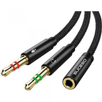 SUCESO 1M Cable Adaptador Jack Hembra 3.5mm a Jack Doble Macho para Auricular Micrófono Separadas 3.5mm Macho a Mic y Audio 3.5mm Hembra para PS4,PC,Xbox One,Auriculares,Gaming Headset o Laptop-Negro