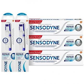 Sensodyne, pack de 3 Pastas de Dientes Repair & Protect Blanqueante con 2 cepillos de dientes suaves, Alivio para Dientes Sensibles, Protección Duradera frente a la Sensibilidad Dental