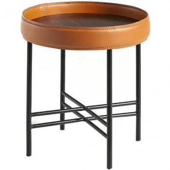 Mesa rincón ANGEL CERDÁ 2059C piel vacuno coñac, Negro | Nogal | Cognac, Acero Negro, Ø42 x 45 cm
