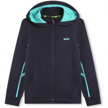 BOSS Kidswear - Sudadera de niño de cremallera con capucha, color azul marino, 100% algodón, diseño con logo bordado en el pecho, cierre frontal con cremallera, dos bolsillos laterales y cap