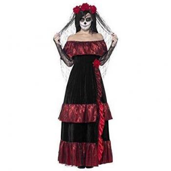 Smiffy's-43739L Disfraz de Novia del Día de Muertos, con Vestido y Velo con Rosas, Color Negro, One Size