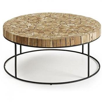 Kave Home - Mesa de Centro Solo Redonda Ø 80 cm de Madera Maciza de Teca y Acero en Negro