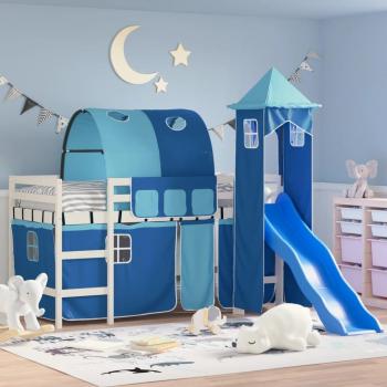 Cama loft infantil azul 90x200cm de pino macizo con torre