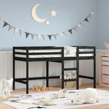 Cama alta de niños con escalera, madera maciza de pino, color negra, tamaño 90x190 cm