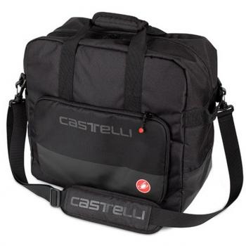 Bolsa Castelli Weekender Duffle negra, resistente al agua, con capacidad de 45 litros, múltiples compartimentos internos y externos, correas ajustables y acolchadas para mayor comodidad