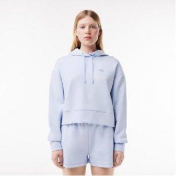 Lacoste Women's Light Blue Hoodie Sweatshirt with Small Logo - Size 40
