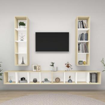 Mueble de salón de pared 4 piezas madera de ingeniería, aglomerado blanco y roble Sonoma, incluye mueble TV, mesa de TV y mueble tele