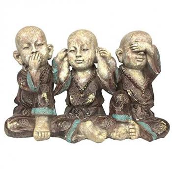 Conjunto de 3 Figuras Decorativas de Buda en Resina Gris - Dimensiones: 12x25x17 cm cada una, incluye figuras No ve, No oye, No habla - Marca: Signes Grimalt