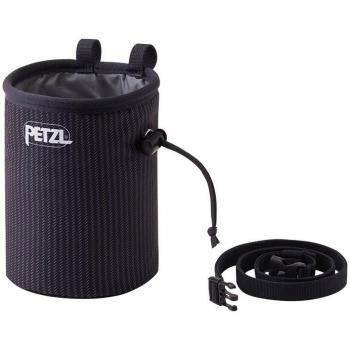 Bolsa de magnesio Petzl Bandi, color negro, con franjas, diseño compacto y ligero, cierre ajustable, material resistente y fácil acceso al magnesio