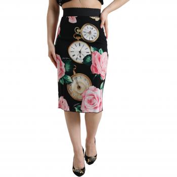 Dolce & Gabbana Black Rose Clock High Waist Pencil Cut Skirt - IT36 | XS, Midi Skirts, female, Black, Size: 3XS Rose and Clock Print Silk Skirt