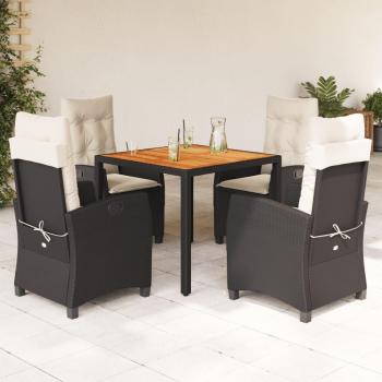 5-Piece Black Poly Rattan Garden Dining Set with Cushions