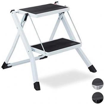 Escalera Plegable Antideslizante de Hierro, 2 Peldaños, Compacta, 45 x 50 x 50 cm, Blanca