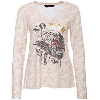 Queen Kerosin - Camiseta de manga larga para mujer, diseño de camuflaje con impresión frontal, cuello en V color carne S