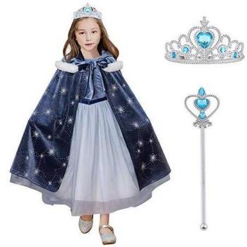 URAQT Disfraz de Elsa con Capa, Vestido de Princesa Elsa Anna con Varita de Hada y Tiara de Corona, Infantil Niñas Costume, Cosplay de Disfraz de Halloween, Cumpleaños, Carnaval y la Fiesta 130cm