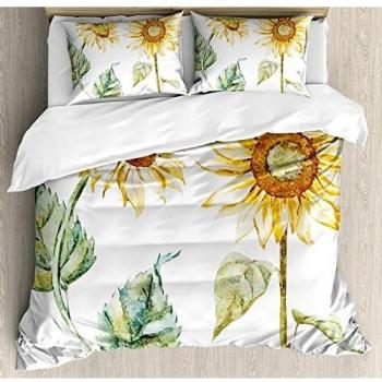 Juego de sábanas de acuarela de 3 piezas Juego de funda nórdica, girasoles seductores Diseño inspirado en el verano Agricultura, juego de fundas de edredón / Qulit de 3 piezas con 2 fundas de almohada
