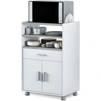 Mueble Auxiliar Tom para Microondas con Cajón y Dos Puertas en Acabado Blanco - 92 cm Alto, 59 cm Ancho, 40 cm Largo