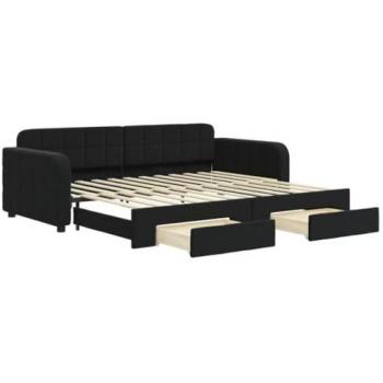Sofá cama nido extraíble con cajones en terciopelo negro 90x200 cm