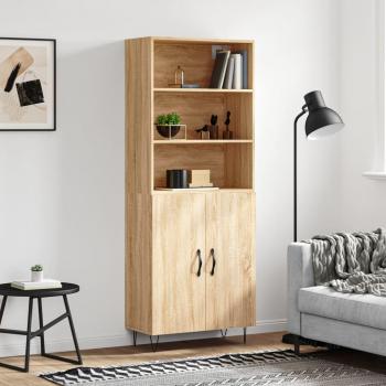 Aparador alto de madera contrachapada color roble 69,5x34x180 cm con 2 puertas, mueble de almacenaje para salón, buffet y armario auxiliar
