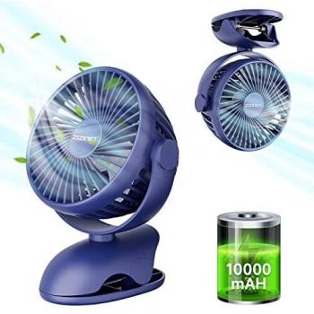 Ventilador USB Portatil, Mini Ventilador Silencioso 10000mAh Recargable Batería y Cable USB Ventiladores Pequeño Giratorio de 720 °de Mesa con 4 Velocidades Potente Pinza para Oficina y Campaña