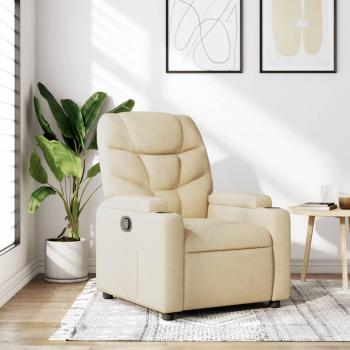 Sillón reclinable de tela crema con reposapiés ajustable y estructura de madera, diseño moderno y cómodo