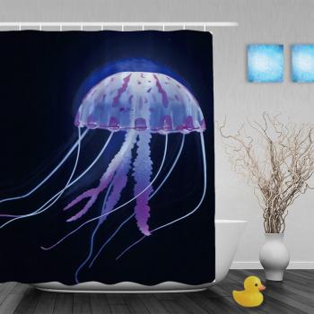 Bonita cortina de ducha para baño, decoración de medusas, hermosas criaturas del mar, impermeable, tela de poliéster a prueba de moho, color negro y morado 156 x 172 cm